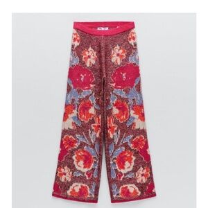 Floral jacquard wool blend straight leg knit pants